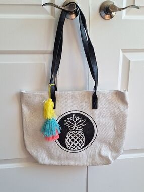 Canvas Pineapple Tote Bag with Colorful Tassels